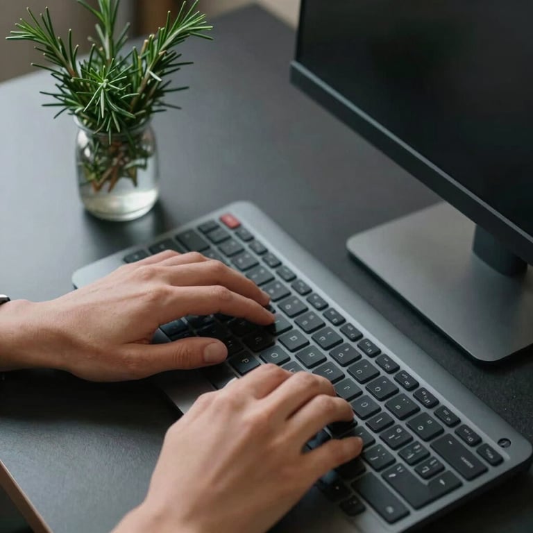 Overhead view of hands typing on a modern keyboard next to a fresh sprig of rosemary in a small vase.
