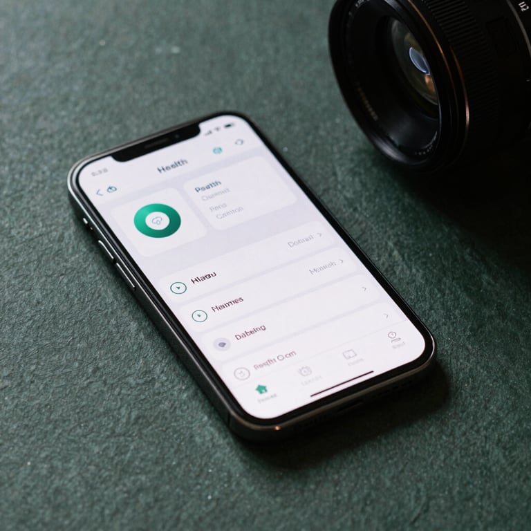 A smartphone resting on a dark slate green surface, showing a clean health app interface.