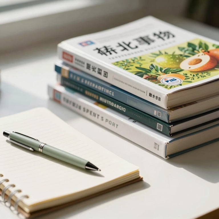 A stack of professional nutrition textbooks next to a notebook with a soft sage pen on a bright morning desk.