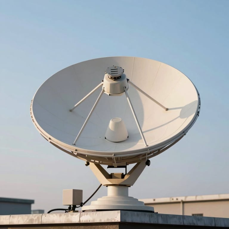A clean close-up of a satellite dish on a rooftop with a sky blue morning background.