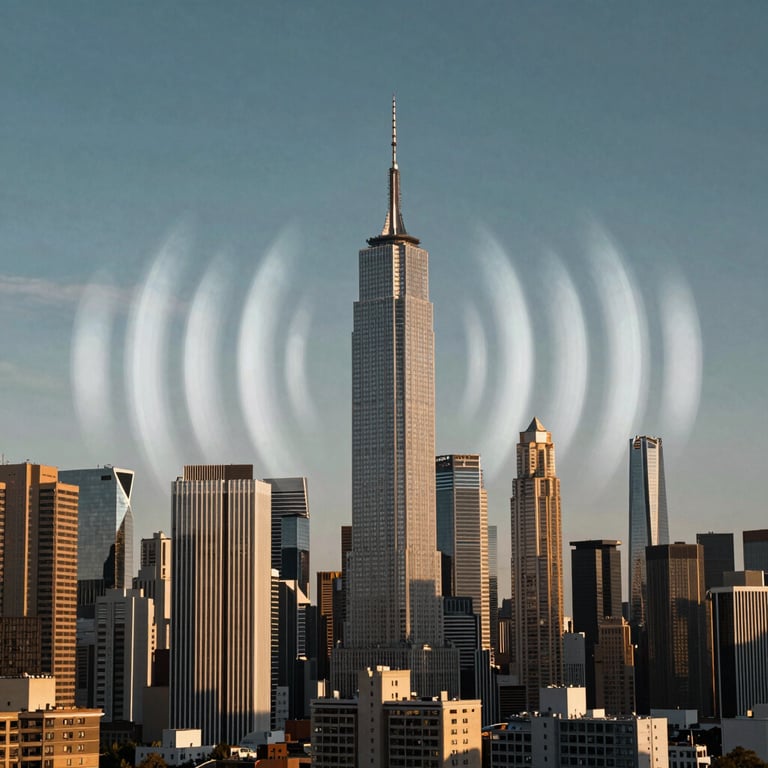 An artistic shot of a city skyline with visible signal waves represented by soft light bokeh.