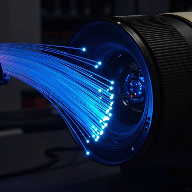 A macro photograph of glowing blue fiber optic cables pulsing with light in a dark tech facility.