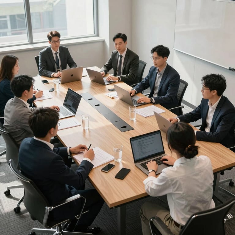 A high-angle view of a professional tech team meeting in a sunlit North American conference room.