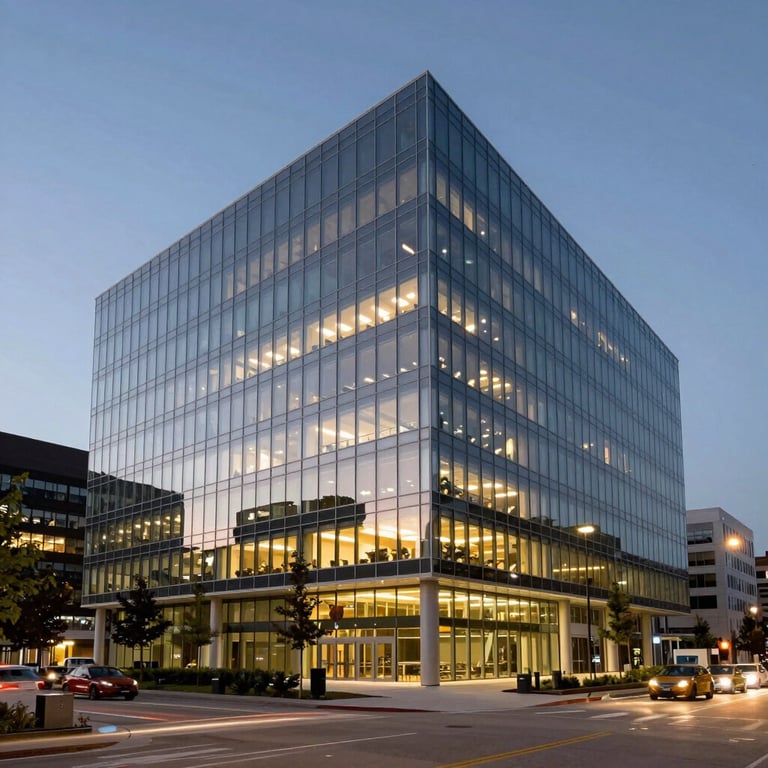 A wide shot of a modern, glass-walled North American corporate headquarters at dusk, lit from within.