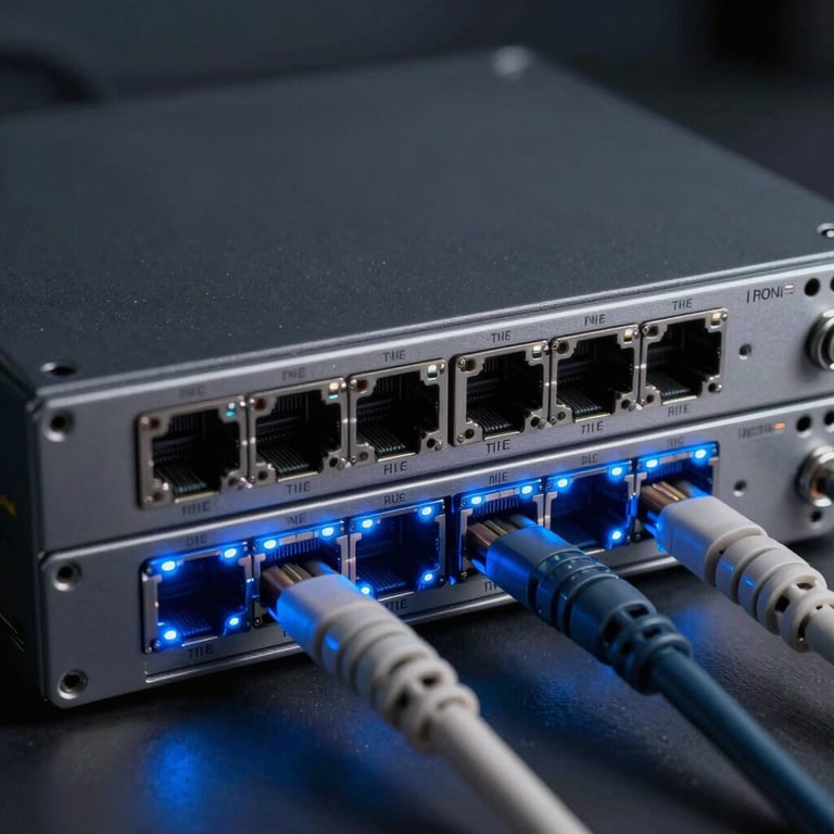 A detailed shot of high-tech networking hardware with blinking sky blue status lights.