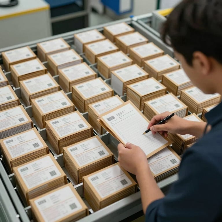 A high-angle shot of a secure sorting facility where specialized mail is organized with extreme precision.