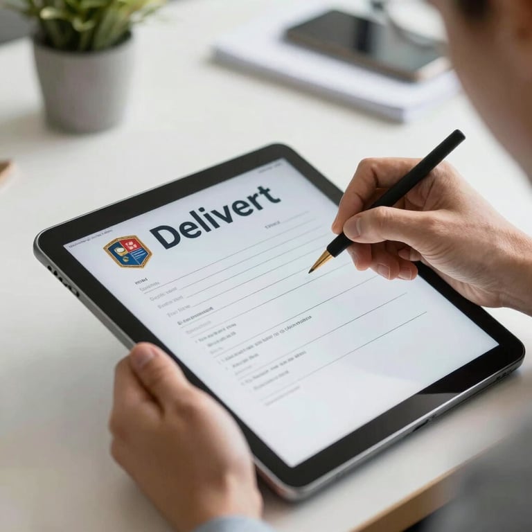 Close-up of a professional hand signing a digital delivery confirmation on a tablet in a bright South American office.