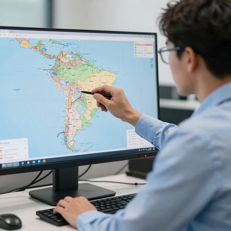 A professional logistics coordinator in a light blue shirt looking at a map of a South American city on a monitor.