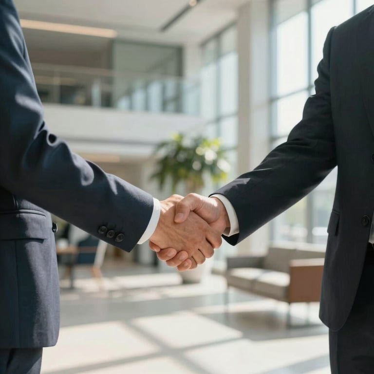 A handshake between two professionals in business suits in a sunlit modern lobby, representing a successful partnership.