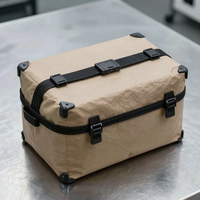 A heavy-duty, tamper-evident security pouch used for specialized corporate mail, resting on a clean metallic surface.