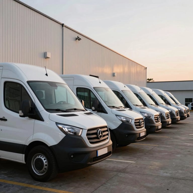 A fleet of modern, secure white delivery vans lined up outside a logistics warehouse in Brazil at dawn.