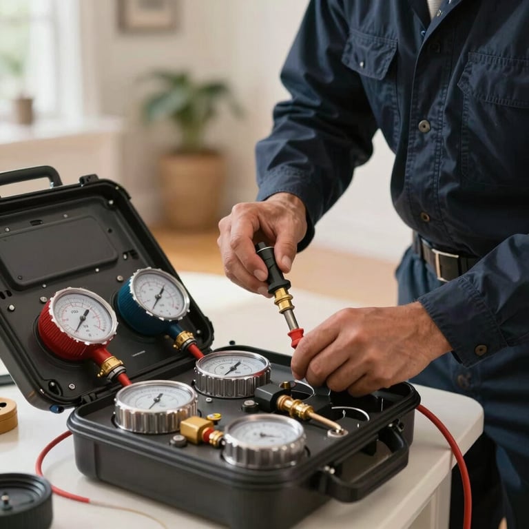 Focus on professional HVAC tools and a manifold gauge set being used by a technician in dark navy attire in a North American / US residence.
