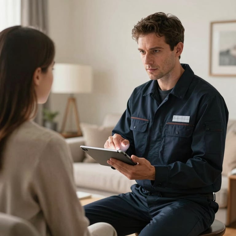 A technician in a dark navy uniform using a tablet to explain diagnostic results to a homeowner in a North American / US living room.
