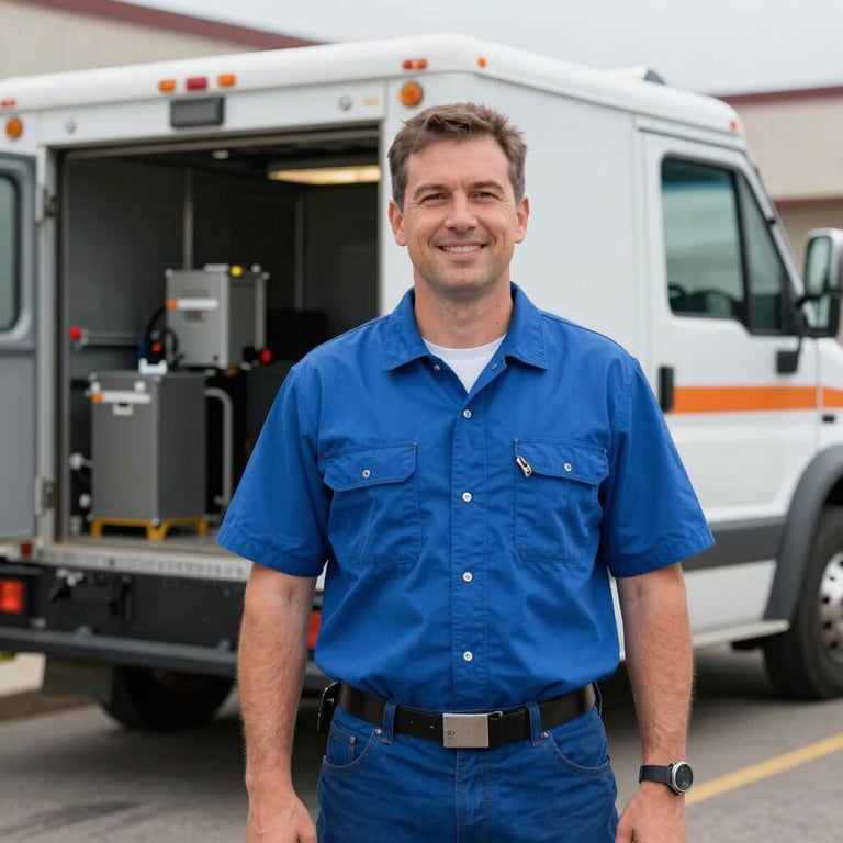 A portrait of a confident HVAC expert in a professional blue shirt standing in front of a specialized service truck in a North American / US setting.