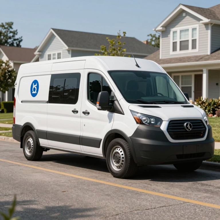 A professional HVAC service van with clean branding parked on a sunny residential street in a North American / US neighborhood.
