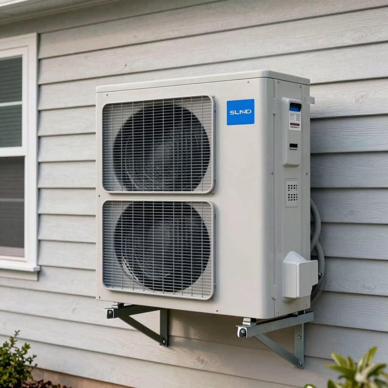 A sleek, modern outdoor heat pump unit neatly installed against the siding of a house in North American / US, featuring professional blue accents.