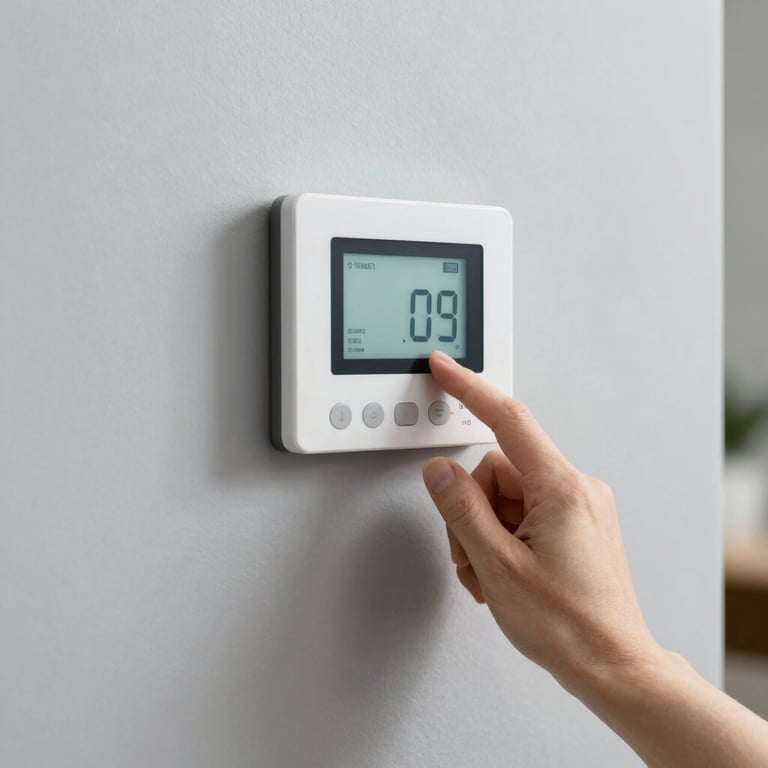 A close-up of a hand adjusting a smart digital thermostat mounted on a soft light grey wall in a contemporary North American / US home.