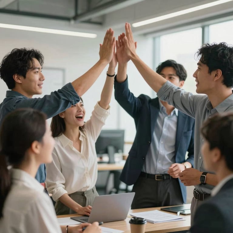 A group of diverse professionals high-fiving in a bright workplace, conveying success and energy.