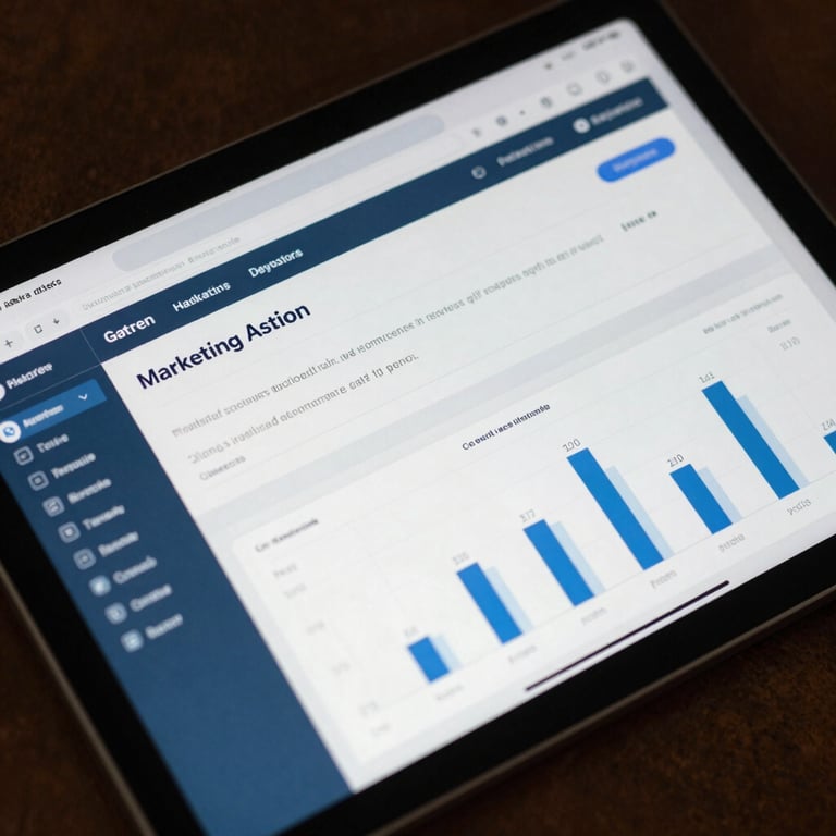 Close-up of a digital tablet showing a marketing dashboard with Steel Blue accents.