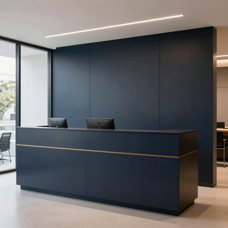 A sleek reception area of a modern Brazilian advertising agency with minimalist design and Dark Navy finishes.