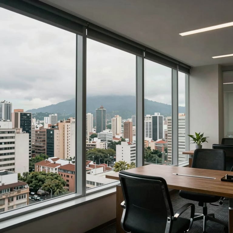 Modern office interior with large windows overlooking a South American metropolitan city.