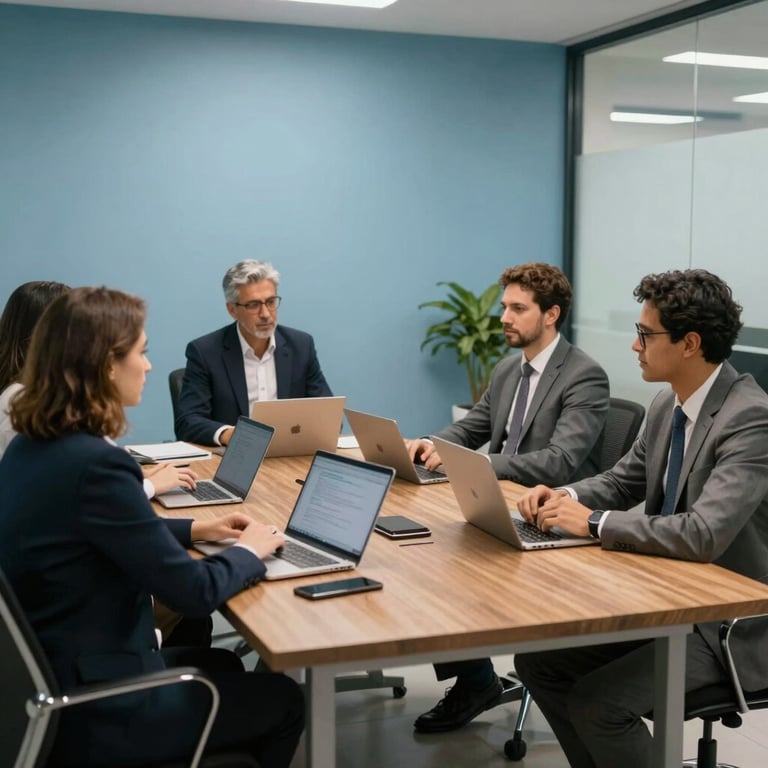 A team meeting in a Brazilian corporate hub with light blue walls and modern furniture.