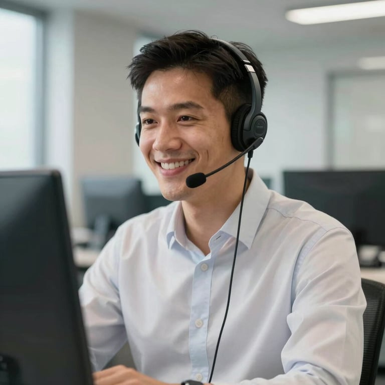 A South American professional smiling while wearing a modern headset in a clean, professional office environment.