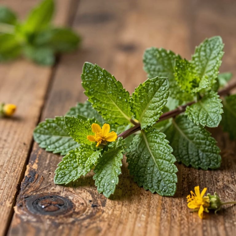 A close-up of fresh medicinal herbs like mint and calendula on a rustic wooden table in a South Asian setting.