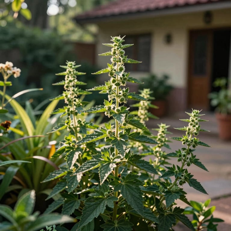 A calm South Asian courtyard garden with lush medicinal plants under a warm afternoon sun.