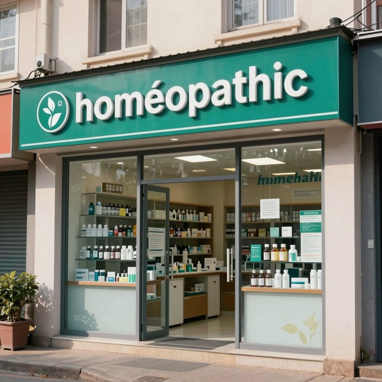 The exterior of a modern, clean homoeopathic pharmacy in an Indian neighborhood, with professional signage.