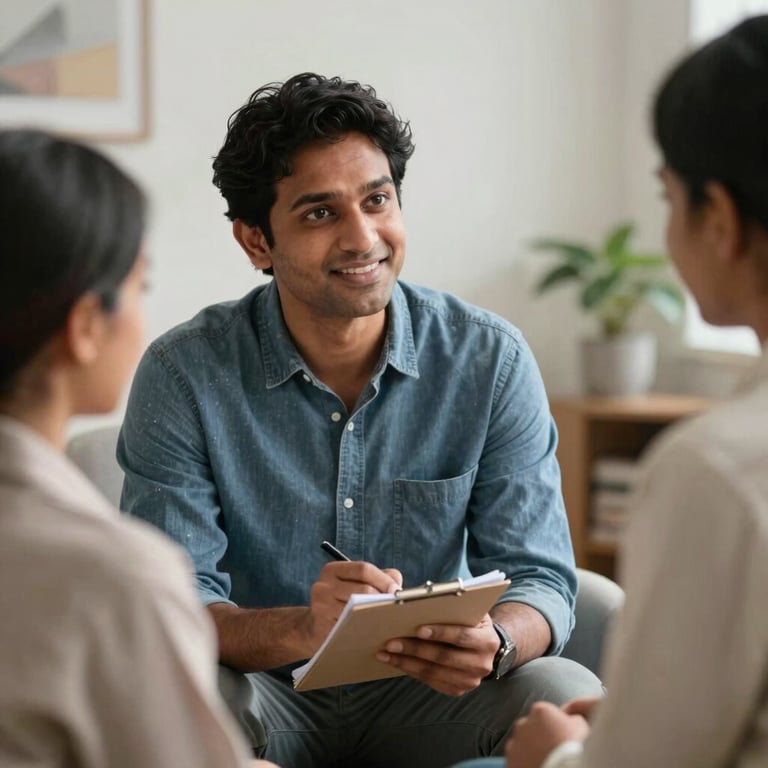 A South Asian practitioner in a serene consultation room, speaking kindly with a patient, holding a small notepad.