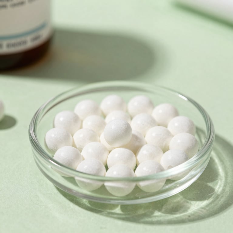 A macro photograph of white homeopathic globules in a small glass dish on a pale green surface, soft natural light.
