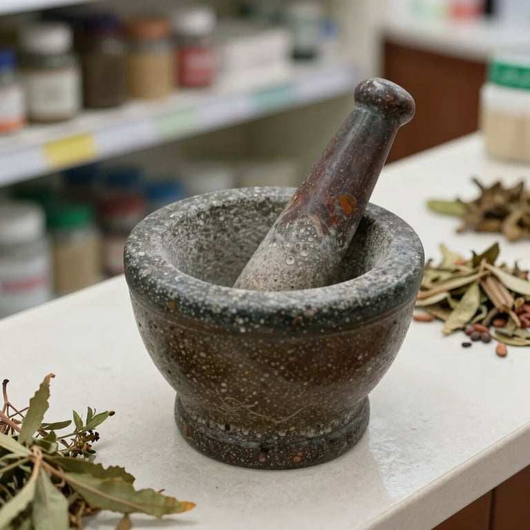 Traditional mortar and pestle on a light-colored pharmacy counter, surrounded by botanical samples.