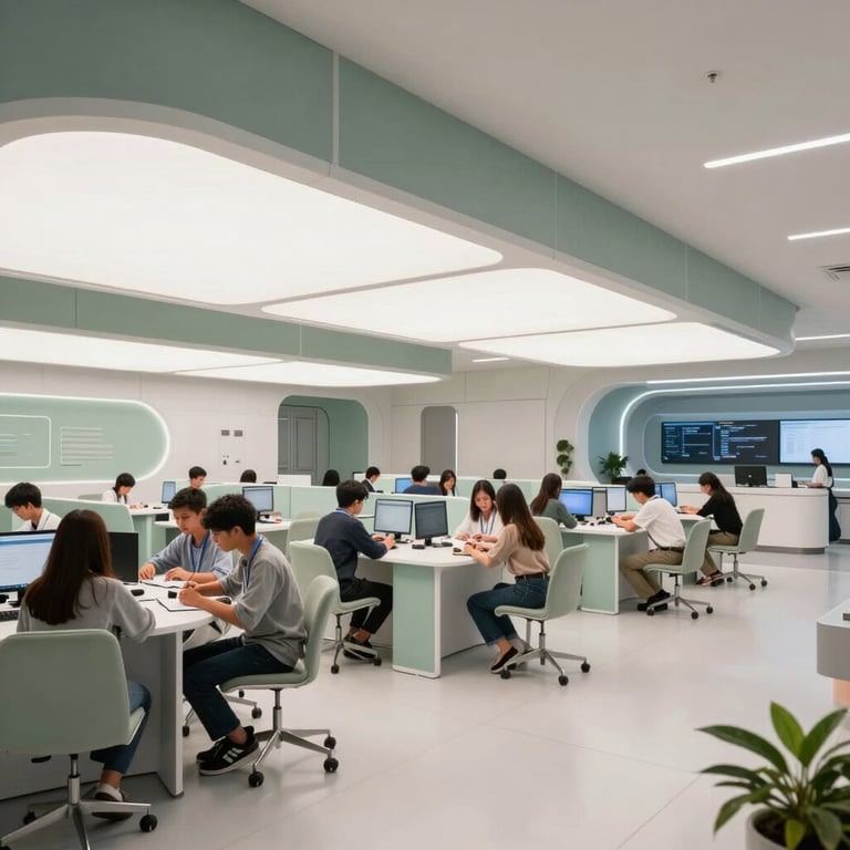 A wide shot of a futuristic digital learning hub in Indonesia with clean lines and soft sage accents, showing students in a collaborative zone.