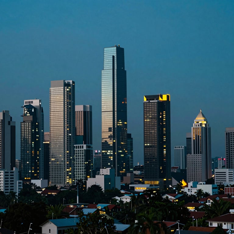 An Indonesian urban skyline at blue hour, symbolizing the digital growth and potential of the nation. Deep teal and dark navy tones.