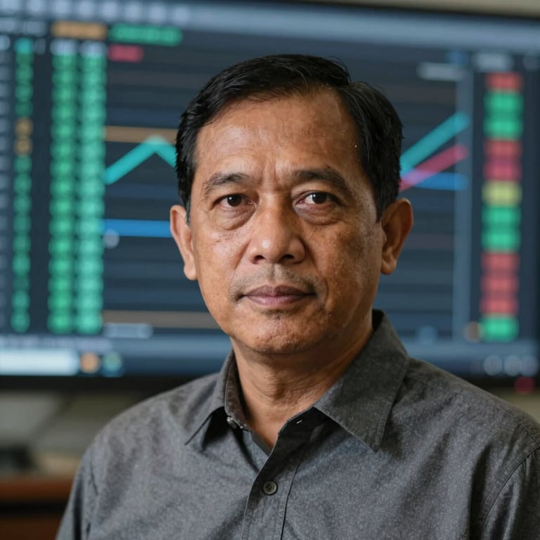 A professional portrait of an Indonesian academic looking confidently into the camera, with a blurred digital data visualization in the background.