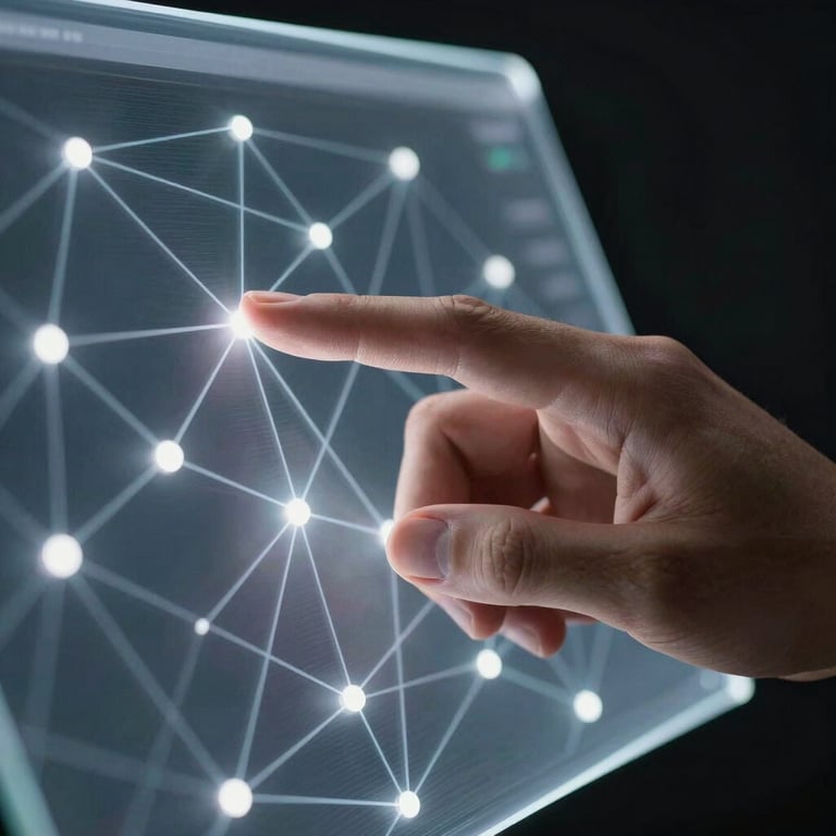 A detailed shot of a human hand interacting with a sleek, translucent digital screen showing network connections. Forward-thinking and high-tech feel.