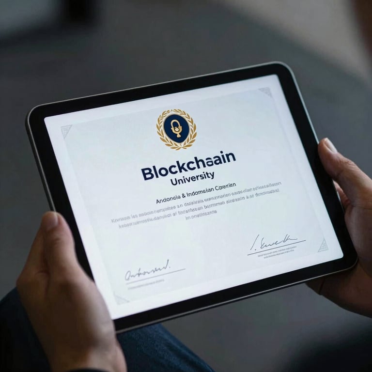 A close-up of a digital tablet showing a secure blockchain certificate for an Indonesian university, held by professional hands. Sophisticated dark navy and pale mist lighting.
