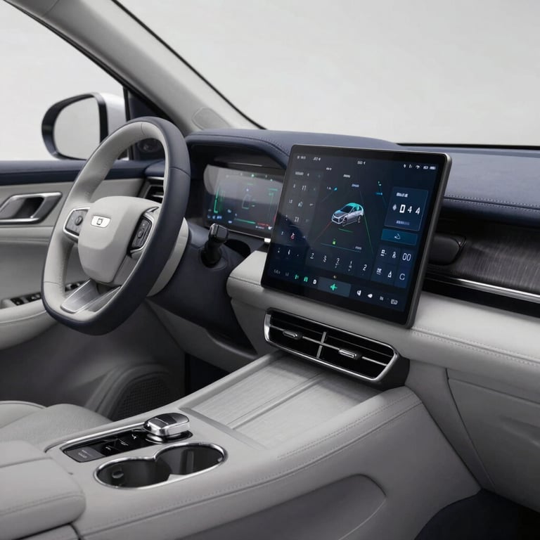 Interior shot of a high-tech car dashboard featuring clean digital displays and light gray leather.