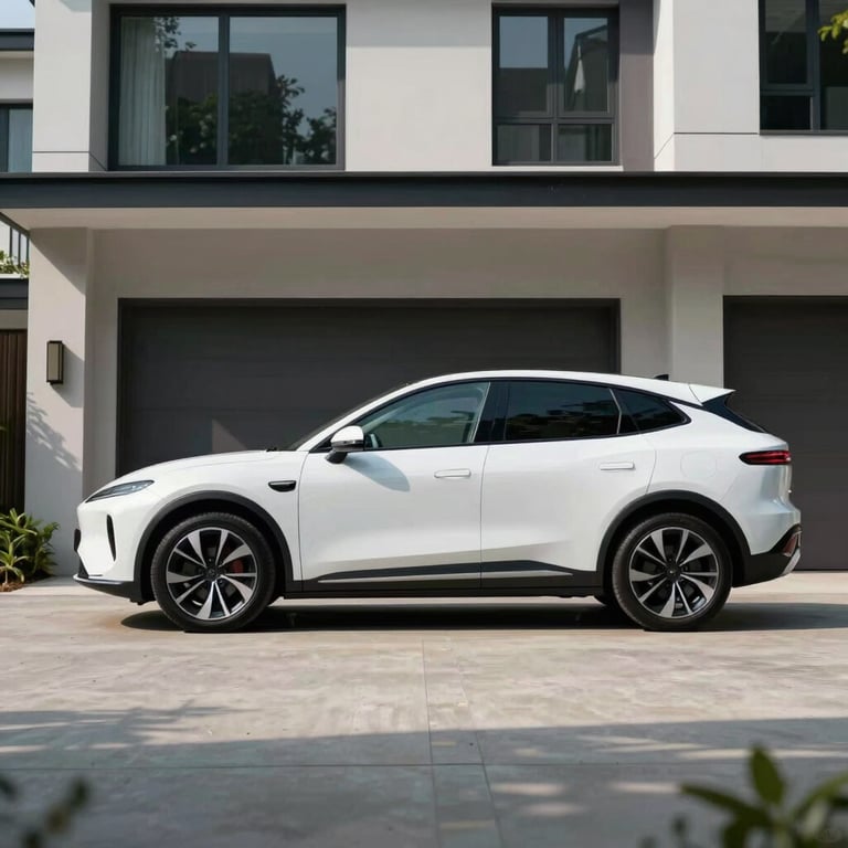 Side profile of a white electric SUV parked in a modern residential driveway with clean architecture.