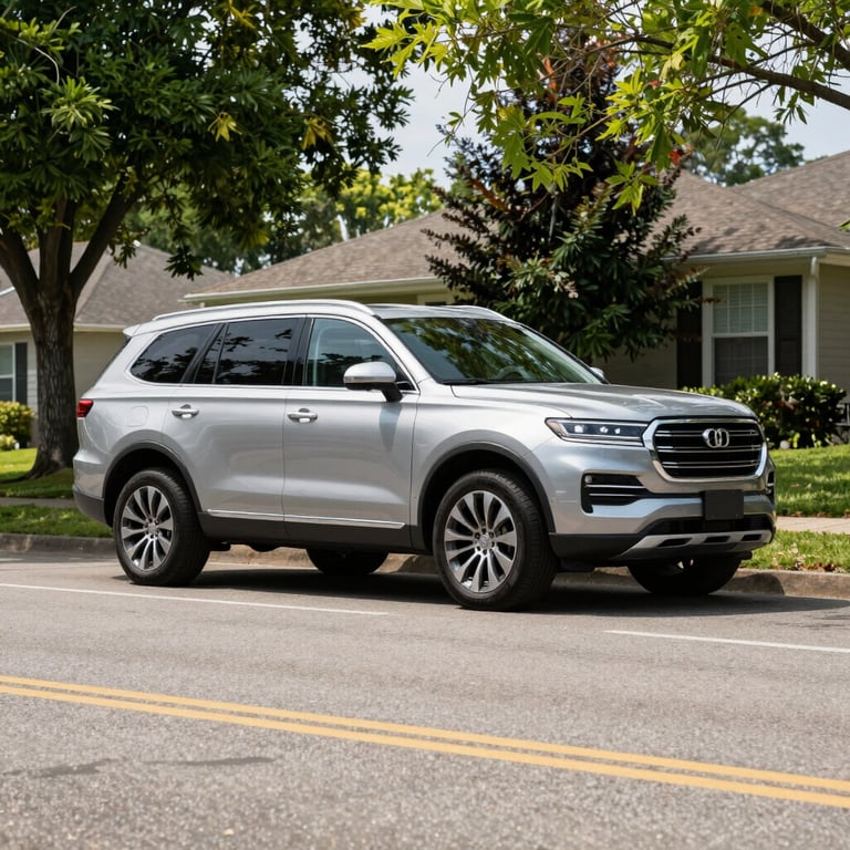 A large silver family SUV parked on a clean suburban street with green trees in the daylight.