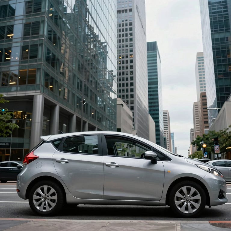 A silver compact car parked in a vibrant US city center with tall glass skyscrapers in the background.
