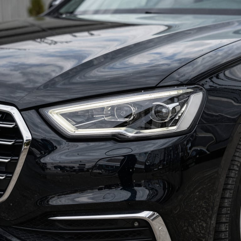 A detailed close-up of a modern black luxury car headlight and chrome grill, reflecting a professional setting.