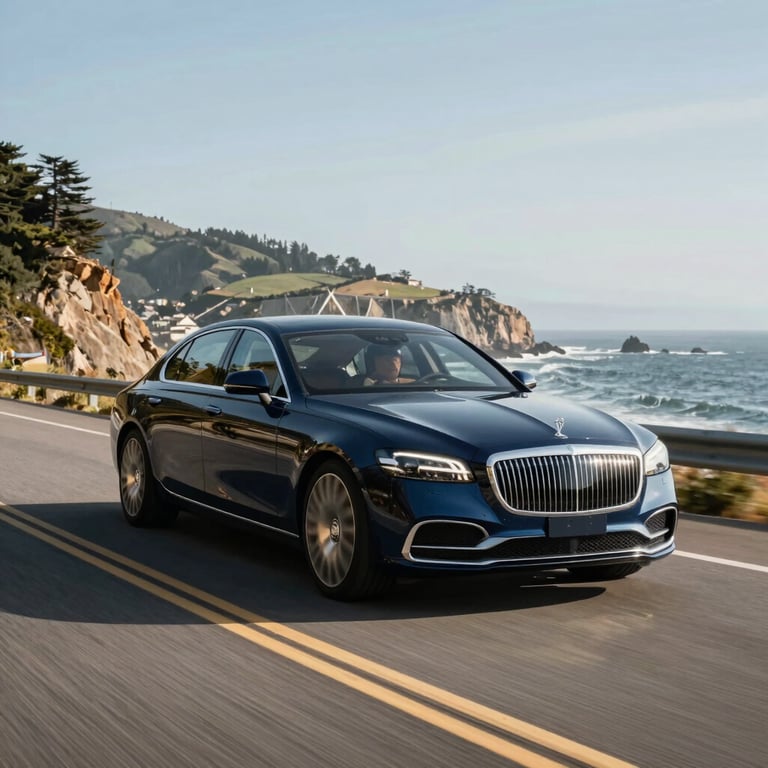 A dark blue luxury sedan driving on a scenic coastal highway in North America during a bright afternoon.