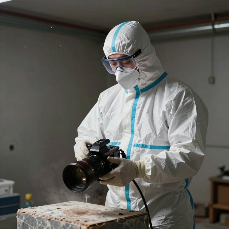 A technician in a white protective suit and mask performing mold remediation in a basement, professional lighting.
