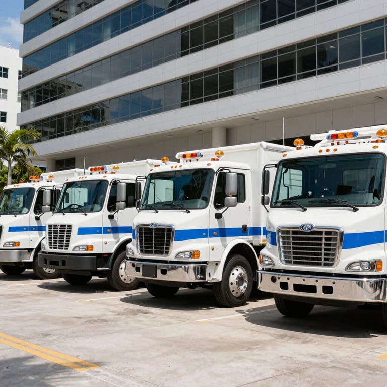 A fleet of white and blue branded restoration trucks parked in front of a Miami office, bright sunny day, wide shot.