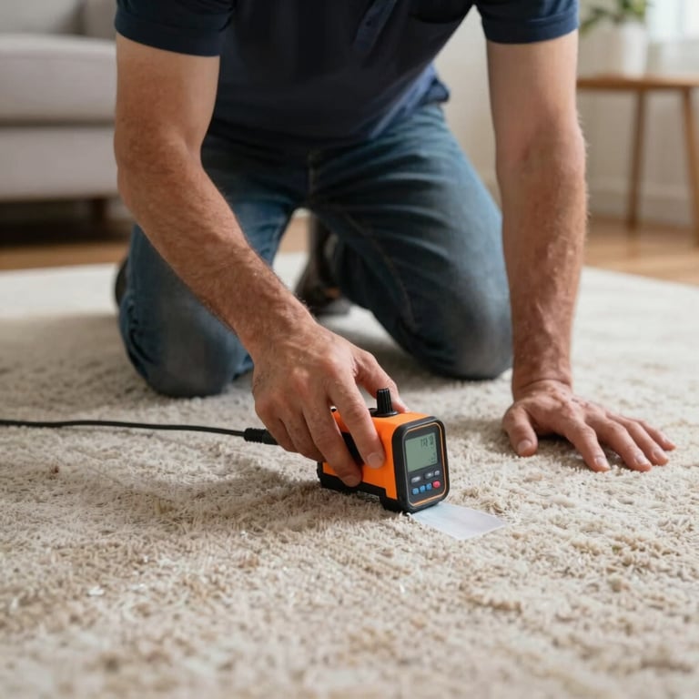 An expert using a moisture meter on a carpeted floor to ensure complete drying after a flood, North American home interior.