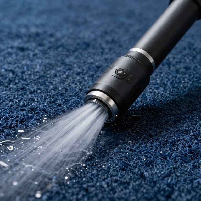 Close-up of a high-power water extraction vacuum nozzle removing water from a dark blue carpet.