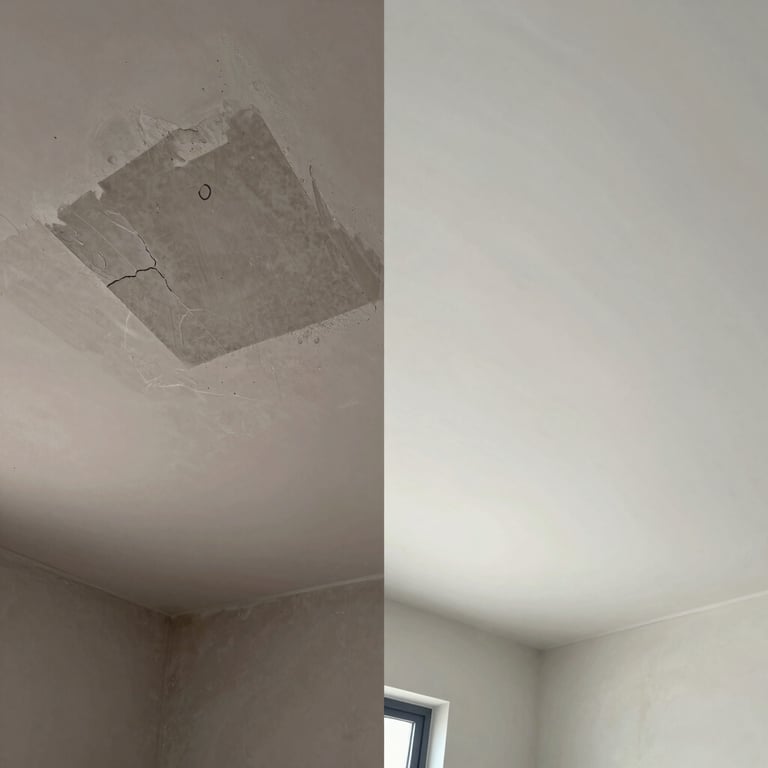 A before-and-after split view showing a water-damaged ceiling on the left and a perfectly restored, clean ceiling on the right.