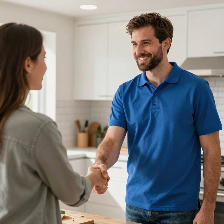 A friendly technician in a blue polo shirt shaking hands with a homeowner in a bright, clean North American kitchen.